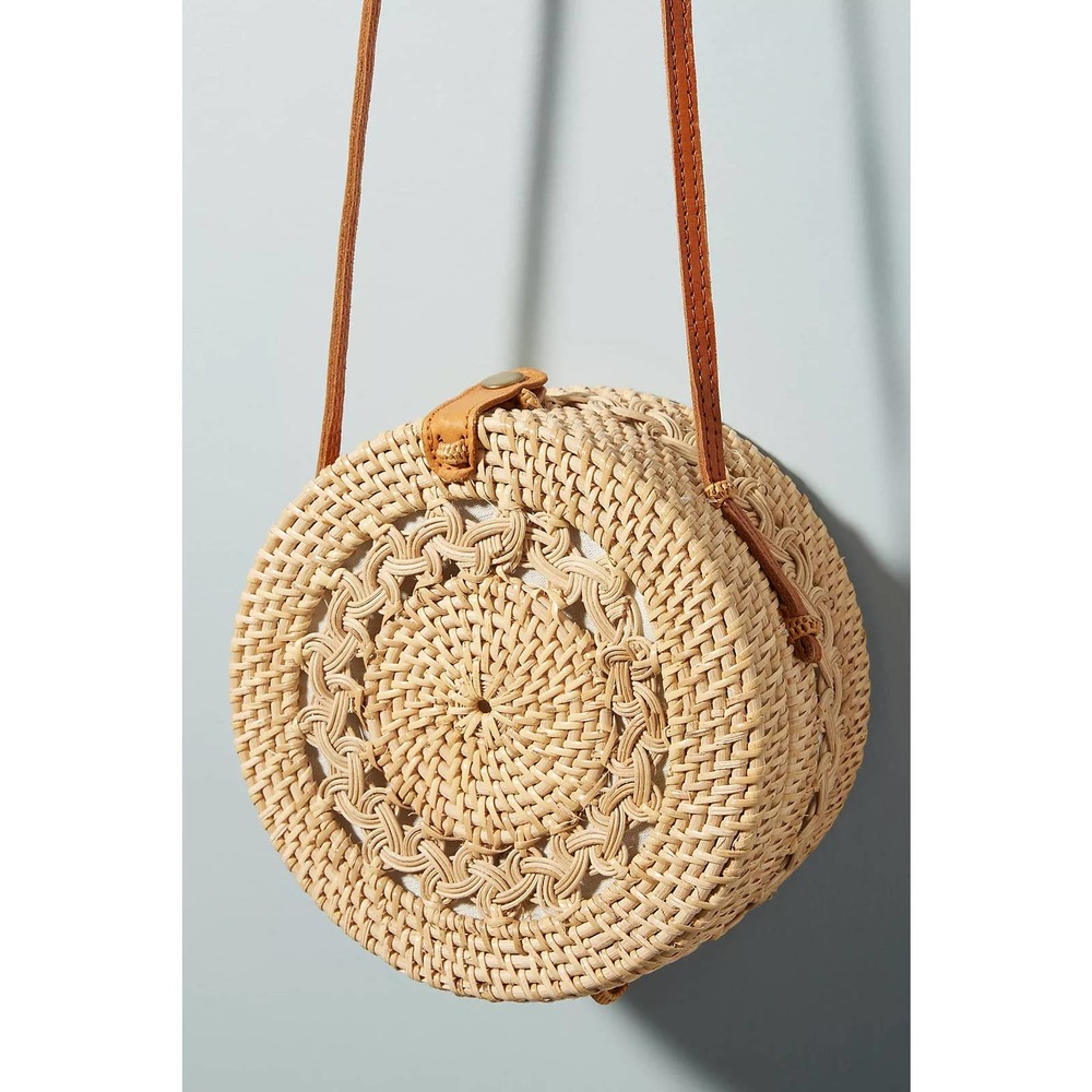 Round Rattan Woven Tan Shoulder Bag